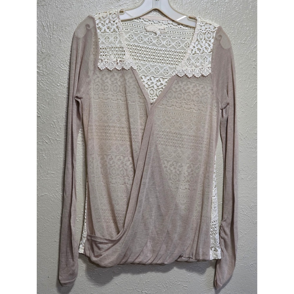 A'reve Taupe Crochet Lace Back Surplice Wrap Long Sleeve Top preppy light Small